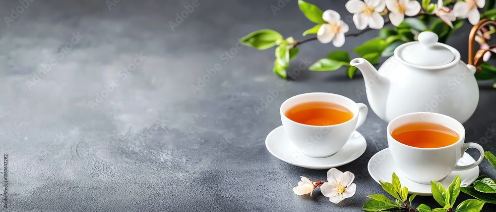 Elegant chinese tea set with porcelain cups and teapot surrounded by nature's beauty Elegant chinese tea set with porcelain cups and teapot surrounded by nature's beauty