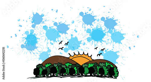 Ilustração Vetorial carro, guarda-chuva, vector, chuva, ilustração, céu, caricatura, estrada, escurecer, tempo, natureza, design, viagem, transporte, paisagem, encantar, condimentar, outonal, verde, v