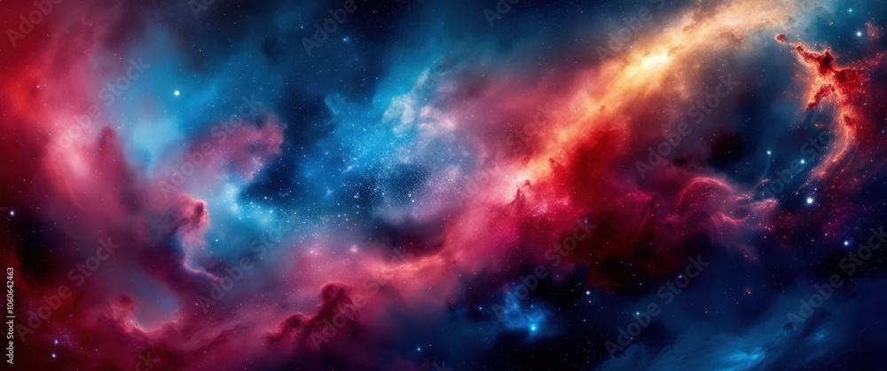Naklejka premium Vibrant nebula, cosmic clouds, deep space, red and blue colors, starry background, swirling gases, celestial beauty, astronomical phenomenon, galactic art, colorful cosmos, ethereal space scene, inter