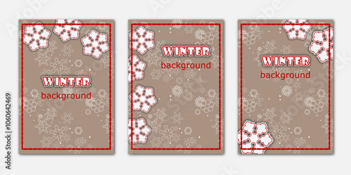 winter background, set of templates design for banner, flyer, card on the textured backdrop with snowflakes. cute vector illustration with imitation embroidery for greeting, invitation, poster, frame