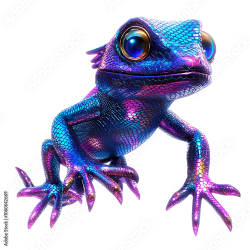 vibrant, detailed illustration of lizard with shiny, anodized finish, showcasing its colorful scales and large, expressive eyes. This unique creature stands out with its striking hues and intricate photo