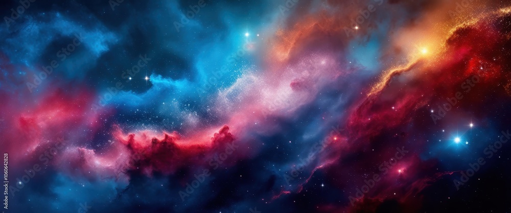 Vibrant nebula, cosmic clouds, deep space, red and blue colors, starry background, swirling gases, celestial beauty, astronomical phenomenon, galactic art, colorful cosmos, ethereal space scene, inter Vibrant nebula, cosmic clouds, deep space, red and blue colors, starry background, swirling gases, celestial beauty, astronomical phenomenon, galactic art, colorful cosmos, ethereal space scene, inter