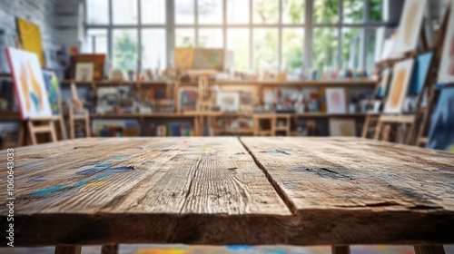 A wooden table in an art studio, showcasing a creative and vibrant atmosphere.