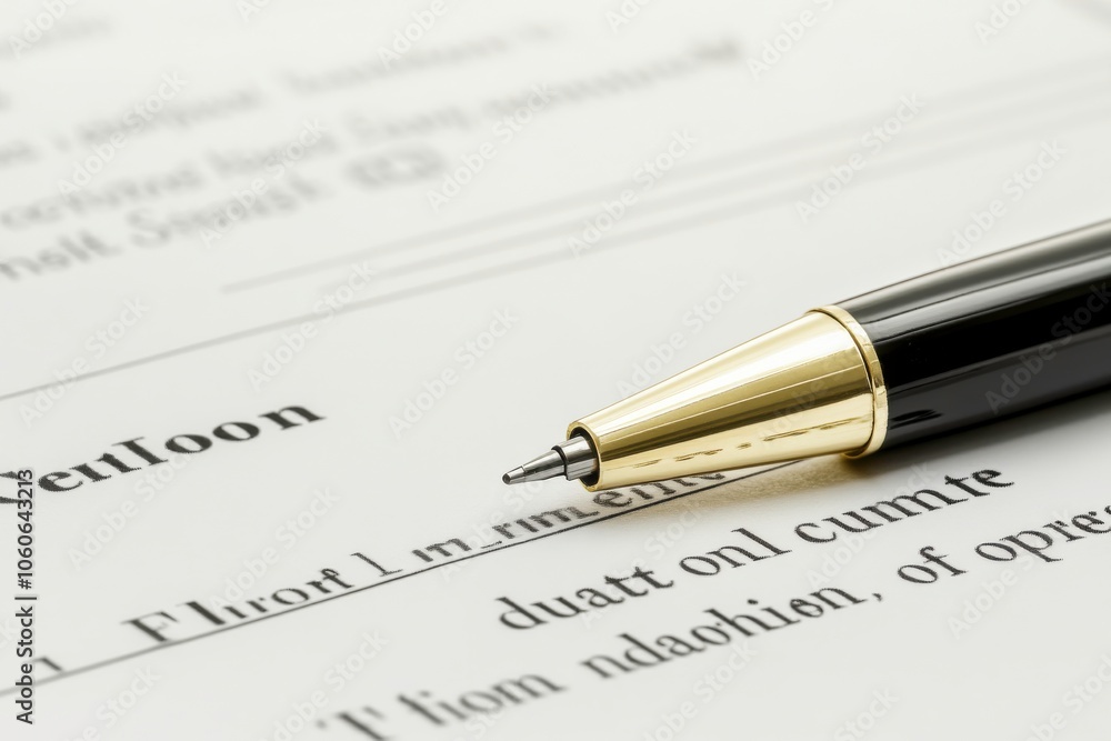 A pen resting on a document for signing. A pen resting on a document for signing.