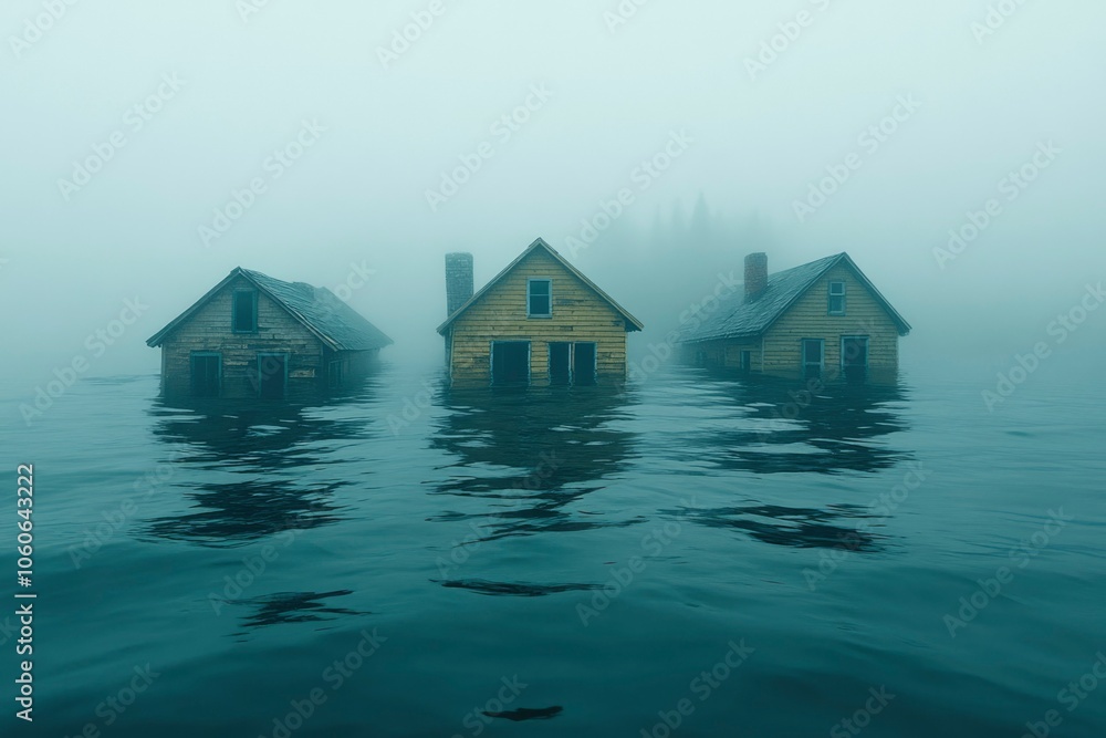 Three Wooden Houses Submerged in Foggy Water Three Wooden Houses Submerged in Foggy Water