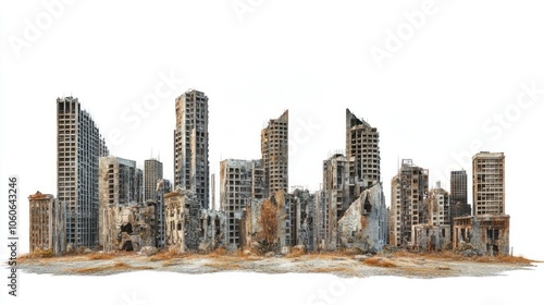 A depiction of a devastated city skyline with crumbling buildings and a desolate landscape.