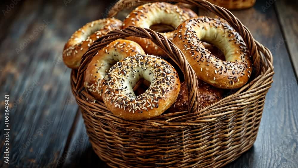 A basket of fresh, seeded bagels sits on a dark wooden surface A basket of fresh, seeded bagels sits on a dark wooden surface