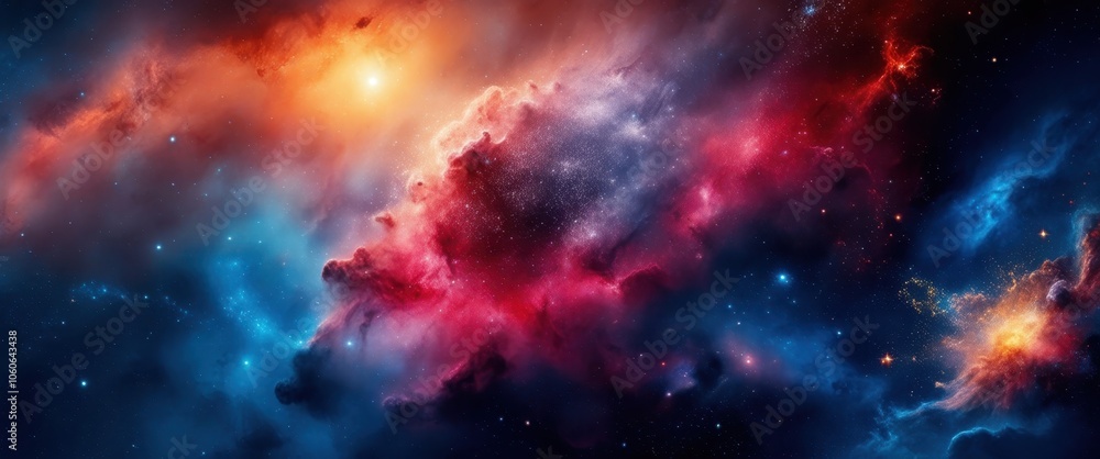 Naklejka premium Vibrant nebula, cosmic clouds, deep space, red and blue colors, starry background, swirling gases, celestial beauty, astronomical phenomenon, galactic art, colorful cosmos, ethereal space scene, inter