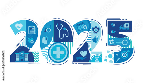 2025 new year Healthcare an wellness concept with icons. Healthcare plan and goal, medical services, life insurance . Template for background, banner, web vector infographic.