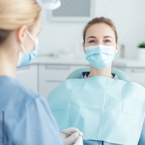 A female patient in a dental chair looks at the dentist with a smile.