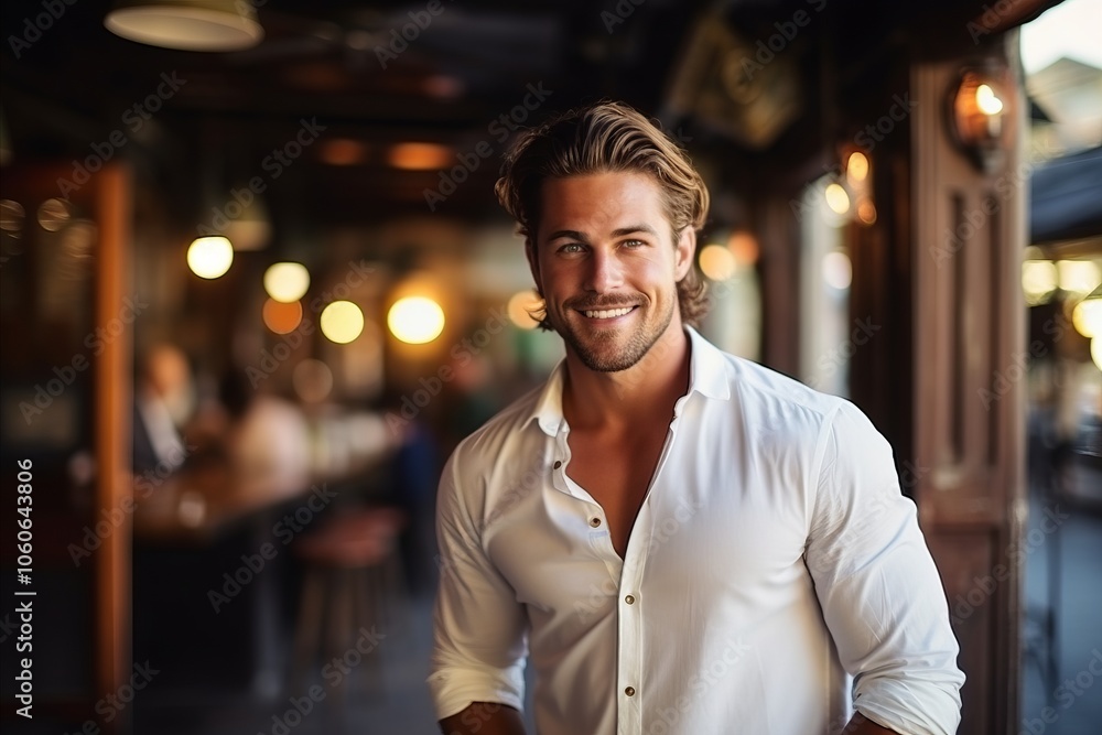 Portrait of a handsome young man smiling at the camera while standing in a pub Portrait of a handsome young man smiling at the camera while standing in a pub