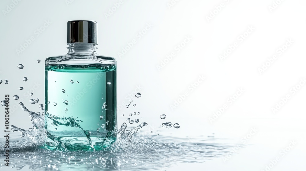 A vibrant aqua colored perfume bottle amid dynamic water splashes. The scene evokes freshness and invigoration with a modern, rejuvenating appeal. A vibrant aqua colored perfume bottle amid dynamic water splashes. The scene evokes freshness and invigoration with a modern, rejuvenating appeal.