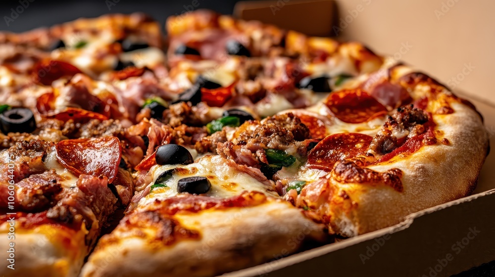 A savory pizza featuring an array of toppings like sausage, pepperoni, and black olives in a takeaway box, perfect for sharing and enjoyment. A savory pizza featuring an array of toppings like sausage, pepperoni, and black olives in a takeaway box, perfect for sharing and enjoyment.