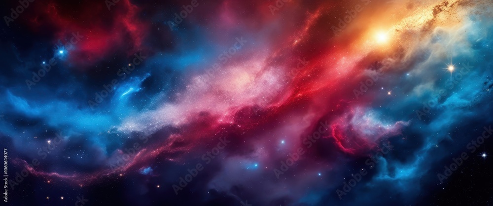 Obraz premium Vibrant nebula, cosmic clouds, deep space, red and blue colors, starry background, swirling gases, celestial beauty, astronomical phenomenon, galactic art, colorful cosmos, ethereal space scene, inter