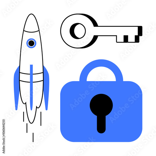 Vector drawing of a rocket, key, and padlock in blue and black colors. Ideal for themes of innovation, security, growth, access, and protection. Minimalistic and modern style