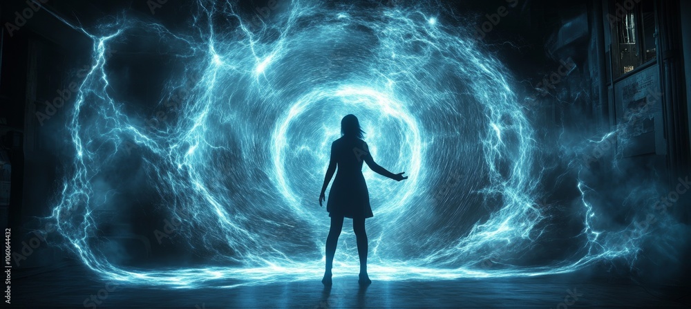 Silhouette of woman ready to future time travel. Science space astronomy. Generative AI technology.