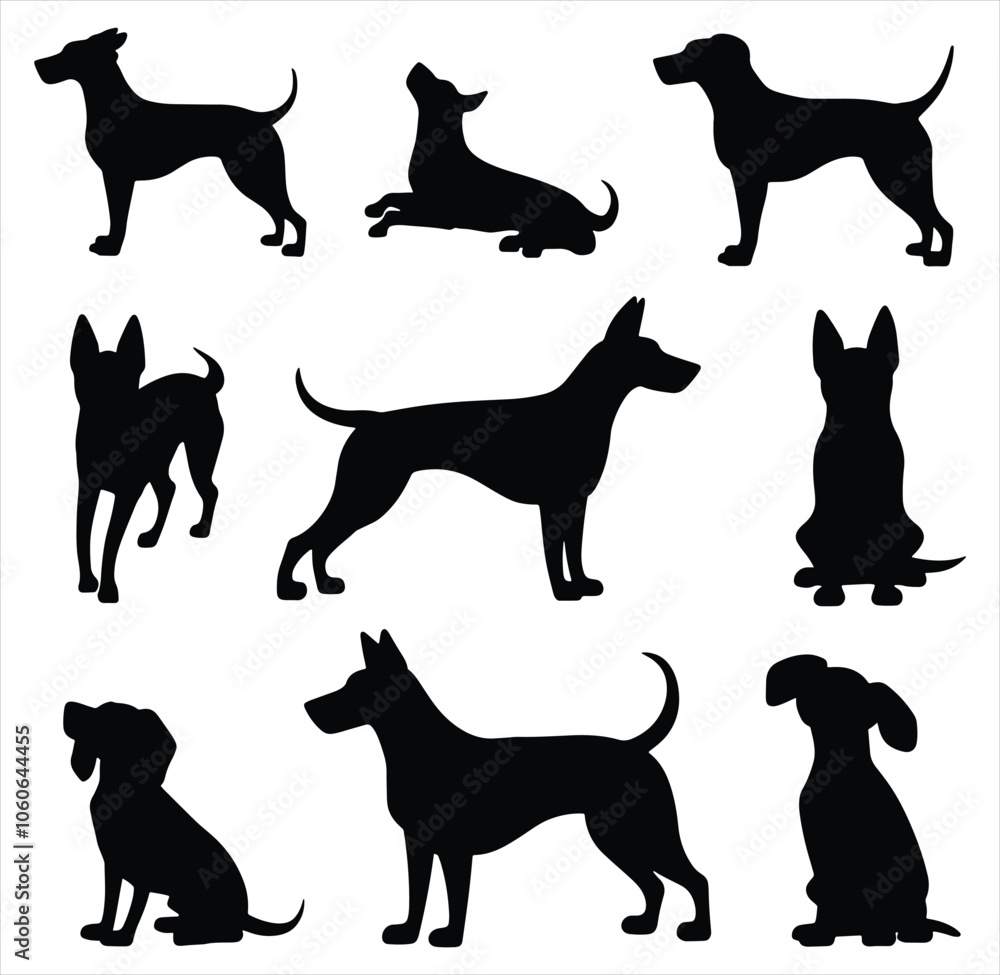 Set of dog silhouettes in various poses. isolated vector on white background Set of dog silhouettes in various poses. isolated vector on white background