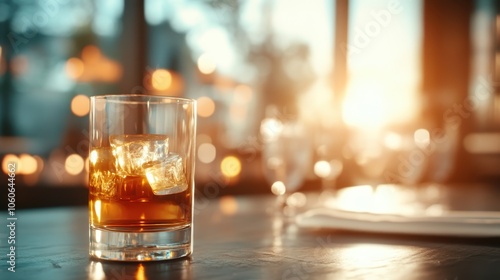 A clear glass with whiskey and ice sits on a bar, the scene enhanced by soft bokeh lights in the background, evoking a sense of calm and sophistication.