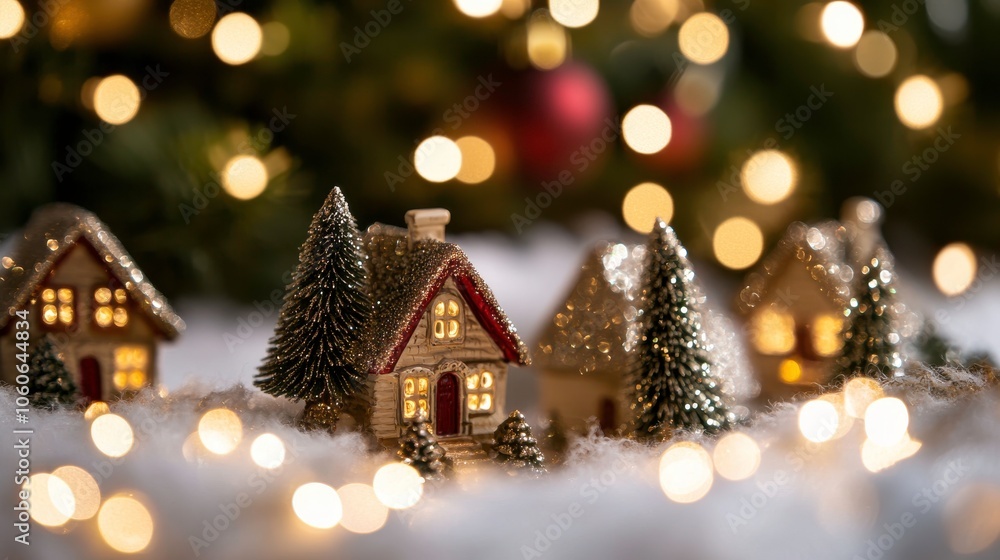 Festive miniature houses with glowing lights. Festive miniature houses with glowing lights.