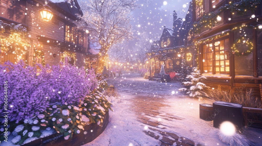 Snowy village street with festive lights and plants. Snowy village street with festive lights and plants.
