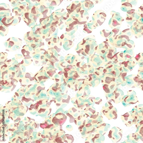 Abstract multicolored veil or net fish textured brush strokes. Shell shapes. Pinkish brown, sea mist, old lace, topaz and dark pink colors on the white background. Seamless hand drawn pattern.