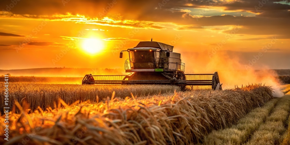 Fototapeta premium Against the golden canvas, a lone combine silhouetted, a harvest symphony in motion.