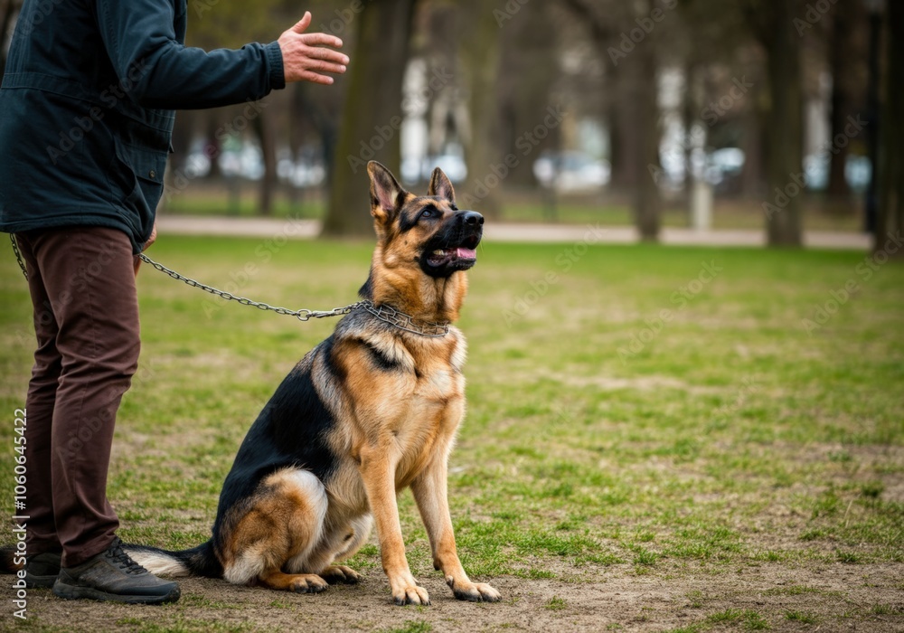 Man with his German Shepherd dog in a park Man with his German Shepherd dog in a park