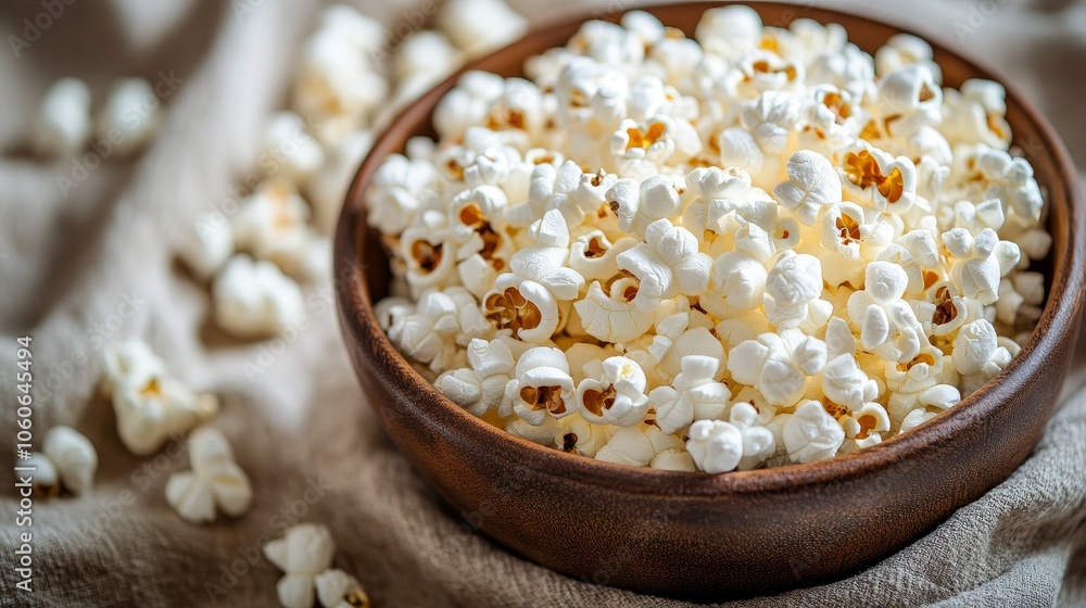 A close-up of a wooden bowl filled with fluffy popcorn on a soft fabric background. A close-up of a wooden bowl filled with fluffy popcorn on a soft fabric background.