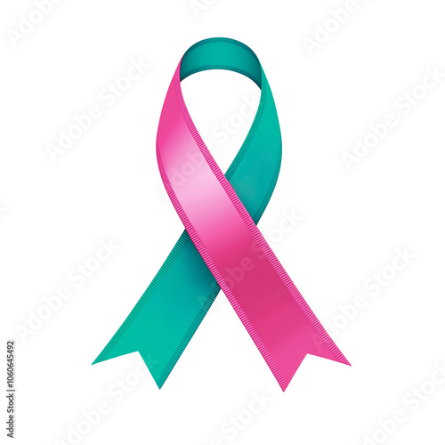Pink and teal ribbon over a transparent background. Symbol of Hereditary and gynecologic cancers