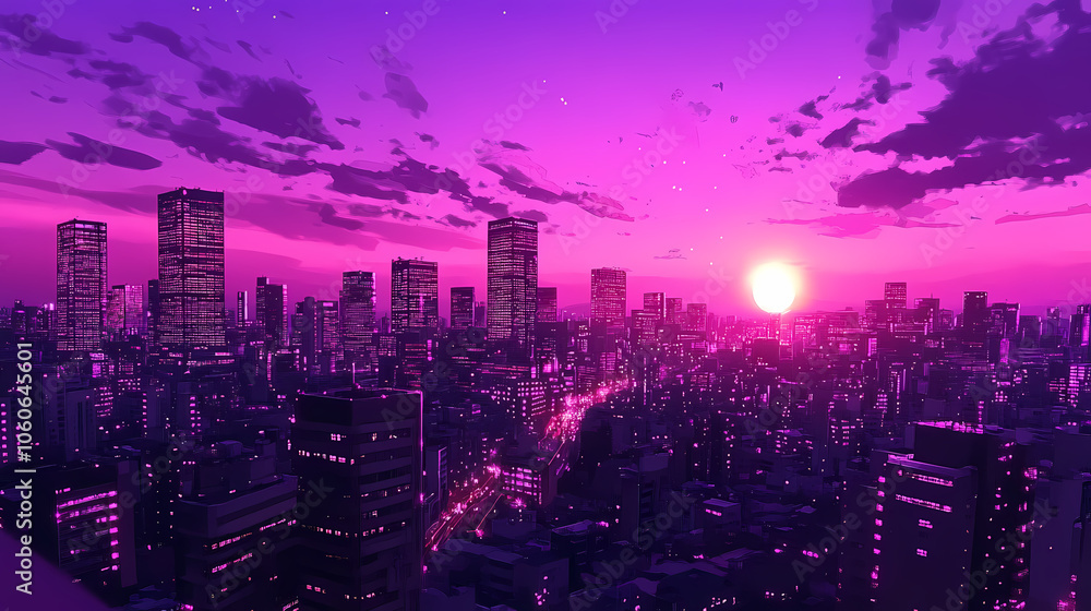Obraz premium Retro-Futuristic Synthwave Cityscape: Abstract Anime Illustration