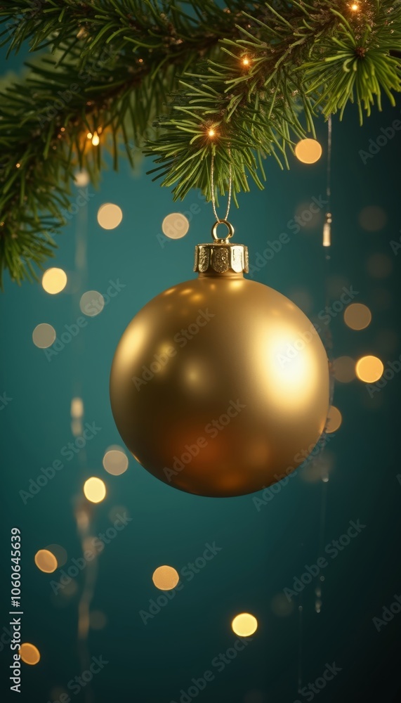 Close-Up of a Golden Christmas Ornament on a Lush Pine Branch Close-Up of a Golden Christmas Ornament on a Lush Pine Branch