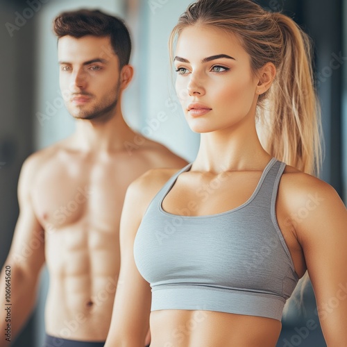 A fit woman in a grey sports bra looks determined while a muscular man stands behind her, both in a gym setting.