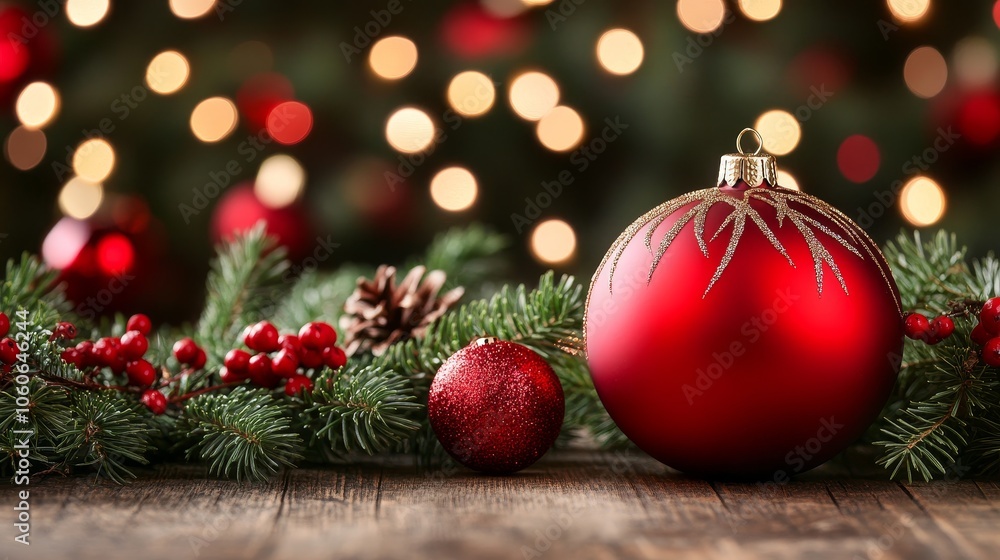A festive arrangement with red ornaments and pinecones, set against a blurred holiday background. A festive arrangement with red ornaments and pinecones, set against a blurred holiday background.