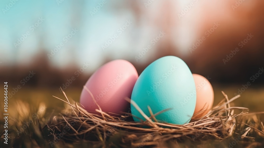 Three pastel-colored eggs sit snugly in a straw nest with a clear blue sky background, symbolizing new beginnings and the gentle embrace of spring’s arrival. Three pastel-colored eggs sit snugly in a straw nest with a clear blue sky background, symbolizing new beginnings and the gentle embrace of spring’s arrival.