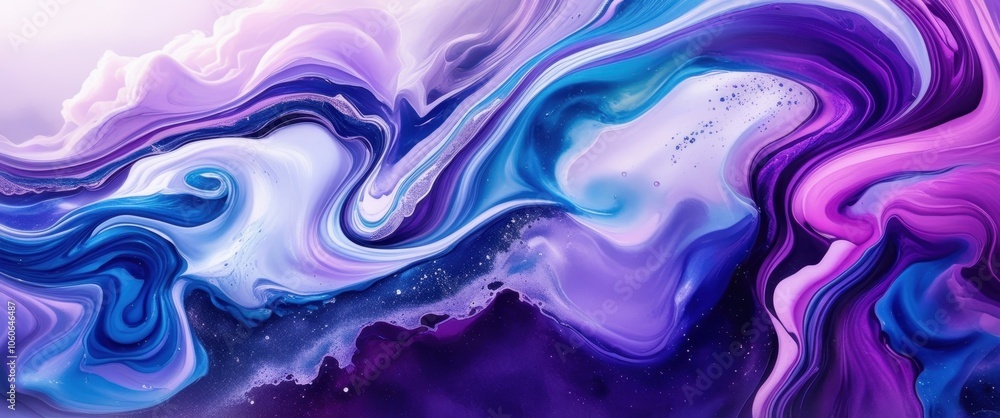 Fototapeta premium Abstract fluid art, vibrant swirls, blue and purple color palette, marbled texture, glossy finish, liquid motion, psychedelic patterns, high contrast, digital painting, fantasy landscape, cosmic flow,