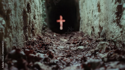 A dimly lit, narrow tunnel made of rough earth leads to an illuminated cross, highlighting themes of hope, faith, and transcendence in a captivating visual metaphor.