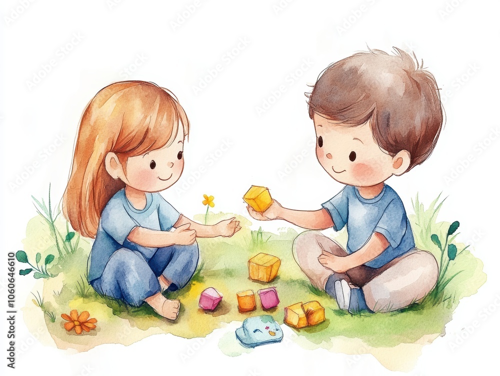 Two children, a boy and a girl, playing with colorful blocks on a sunny day. Two children, a boy and a girl, playing with colorful blocks on a sunny day.