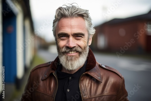 Portrait of a handsome senior man with gray beard and mustache wearing leather jacket.