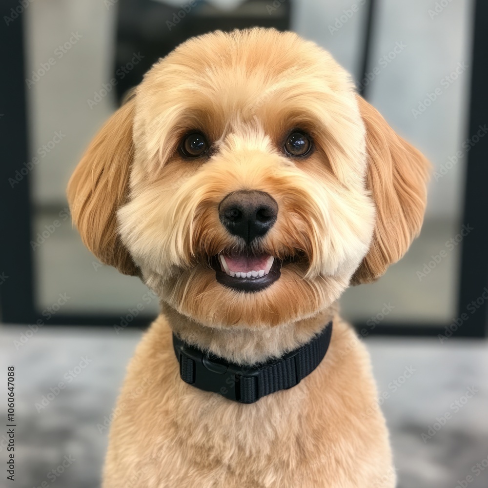 A fluffy, light brown dog with a black collar smiles at the camera. A fluffy, light brown dog with a black collar smiles at the camera.