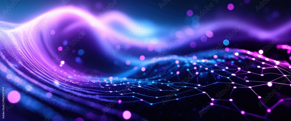 Obraz premium Abstract cosmic swirl, vibrant purple and blue nebula, glowing energy vortex, starry background, luminous particles, ethereal light streaks, futuristic digital landscape, deep space, cosmic energy flo
