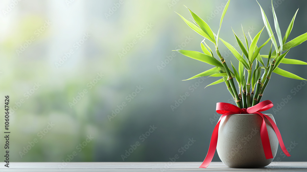 Elegant jade bamboo plant adorned with red ribbons in a ceramic pot for prosperity and good fortune Elegant jade bamboo plant adorned with red ribbons in a ceramic pot for prosperity and good fortune