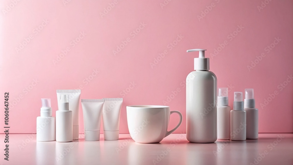 Minimalist panoramic shot featuring a coffee mug and white cosmetic bottles on a soft pink background, ideal for beauty lifestyle and product promotion visuals. Minimalist panoramic shot featuring a coffee mug and white cosmetic bottles on a soft pink background, ideal for beauty lifestyle and product promotion visuals.