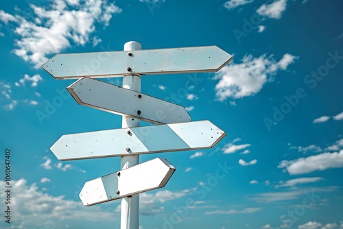 Image of five blank white road signs pointing in different directions against a bright blue sky with scattered clouds, symbolizing choice and direction.