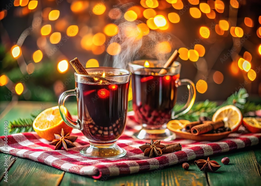 Amid bright decorations, steaming mugs of mulled wine sit on a vivid tablecloth, crafting a cozy holiday scene that radiates warmth and festive joy. Amid bright decorations, steaming mugs of mulled wine sit on a vivid tablecloth, crafting a cozy holiday scene that radiates warmth and festive joy.