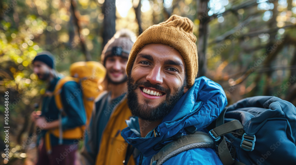 Hikers with happy expressions in the forest, Friends hiking in a forest close up on hiking gear and smiles Hikers with happy expressions in the forest, Friends hiking in a forest close up on hiking gear and smiles