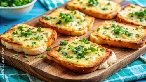 Delicious toasts with melted cheese and herbs on wooden board