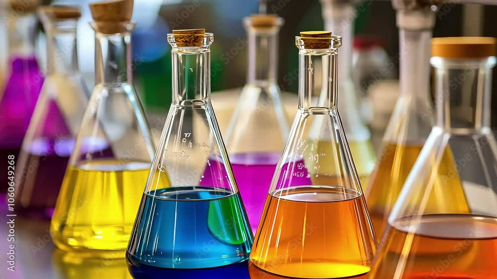 A collection of laboratory flasks filled with vibrant colored liquids, showcasing various chemical solutions, often used for experiments and scientific research. A collection of laboratory flasks filled with vibrant colored liquids, showcasing various chemical solutions, often used for experiments and scientific research.