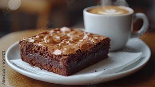 A freshly baked brownie with a side of steaming cappuccino, perfect for a sweet treat.