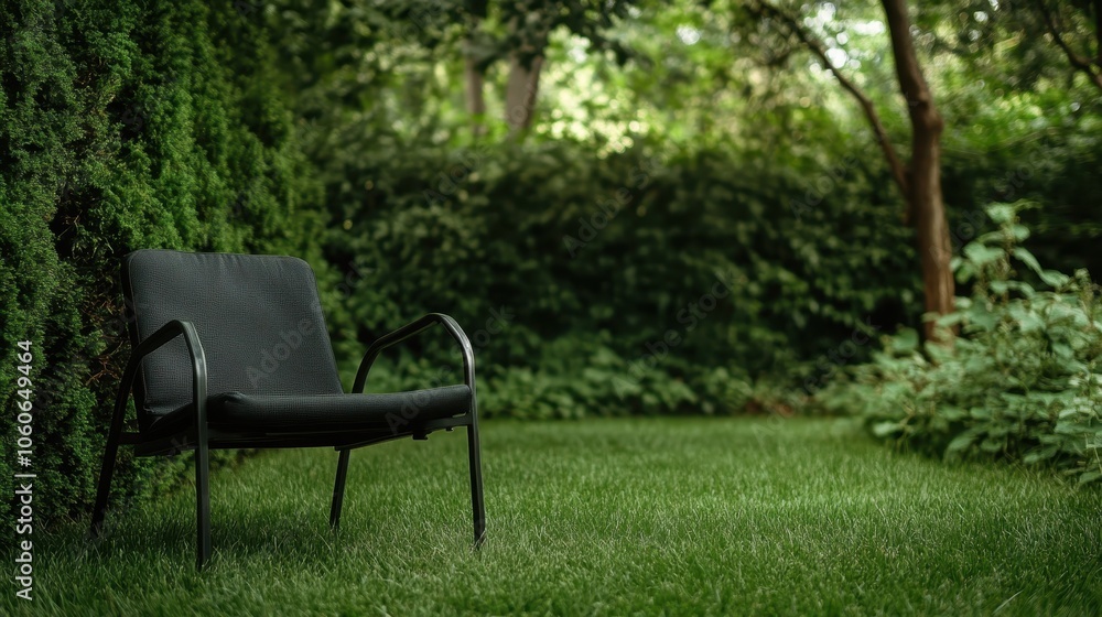 A black chair with metallic arms is placed elegantly on a grassy area, surrounded by a lush garden, epitomizing a peaceful and contemporary outdoor escape. A black chair with metallic arms is placed elegantly on a grassy area, surrounded by a lush garden, epitomizing a peaceful and contemporary outdoor escape.