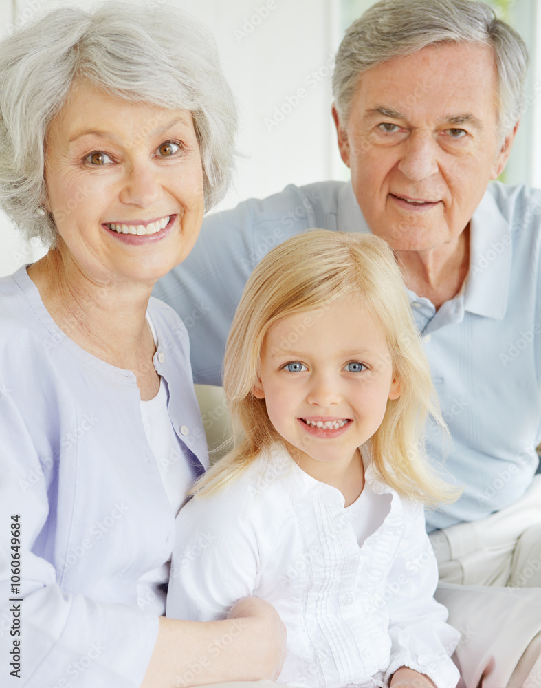 Grandparents, portrait and happy in home with girl for bonding, care and weekend visit on sofa. Elderly people, face and family in living room with little child for relax, support and connection Grandparents, portrait and happy in home with girl for bonding, care and weekend visit on sofa. Elderly people, face and family in living room with little child for relax, support and connection